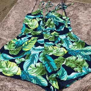 Fashion Nova Tropical Leaf Print Romper - Green and Blue